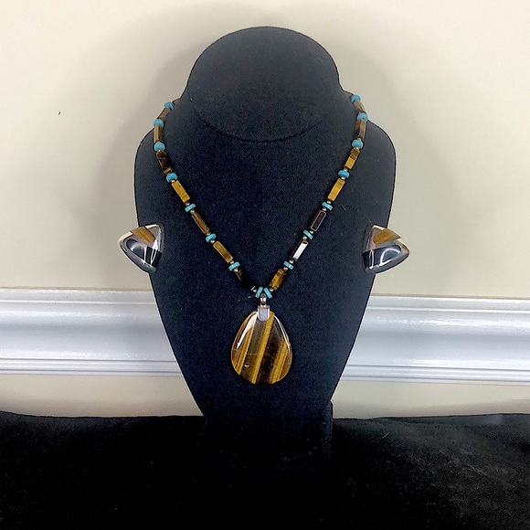 MEXICAN Turquoise Tigers Eye Black Onyx Sterling Silver 950 / 925 Jewelry Set - Picture 6 of 17